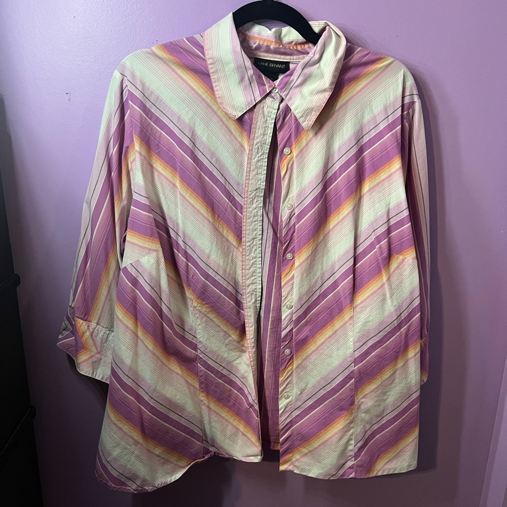 Lane Bryant Pink and Yellow Striped Button Down Shirt